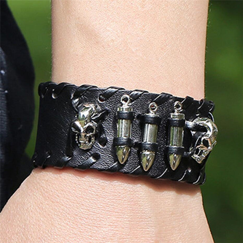 2pcs Punk-Style Skull PU Leather Bracelet Set – Trendy Motorcycle Accessories , Infinite Steampunk