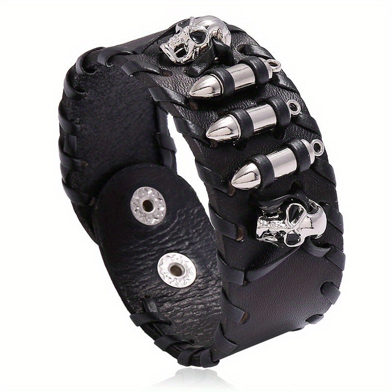 2pcs Punk-Style Skull PU Leather Bracelet Set – Trendy Motorcycle Accessories , Infinite Steampunk