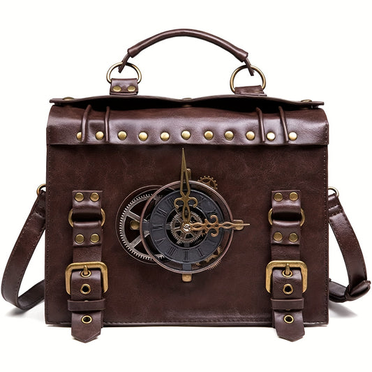 Vintage Clock Décor PU Leather Messenger Bag , Infinite Steampunk