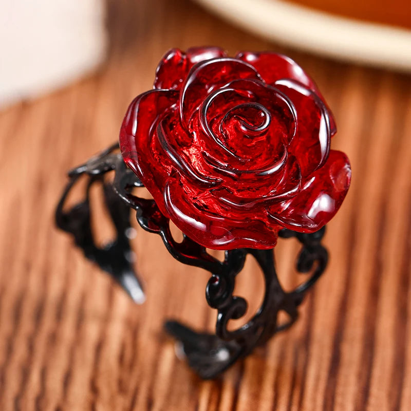 Punk Gothic Red Rose Adjustable Ring