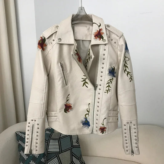 Women's Faux Leather Embroidered Biker Jacket