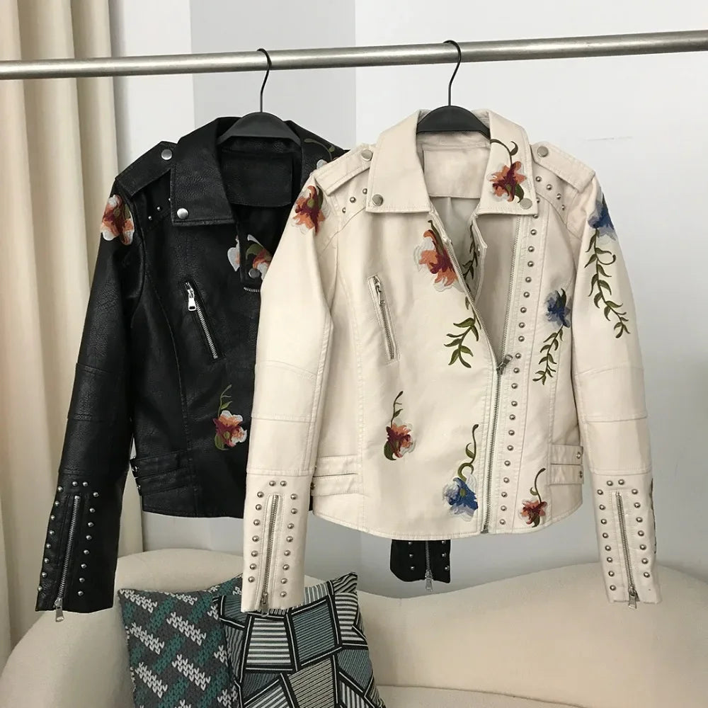 2024 Frühlings-Bikerjacke PU-Lederjacken Damen bestickter Nietenmantel Moto &amp; Biker Streetwear Reißverschluss Mantel Kleidung