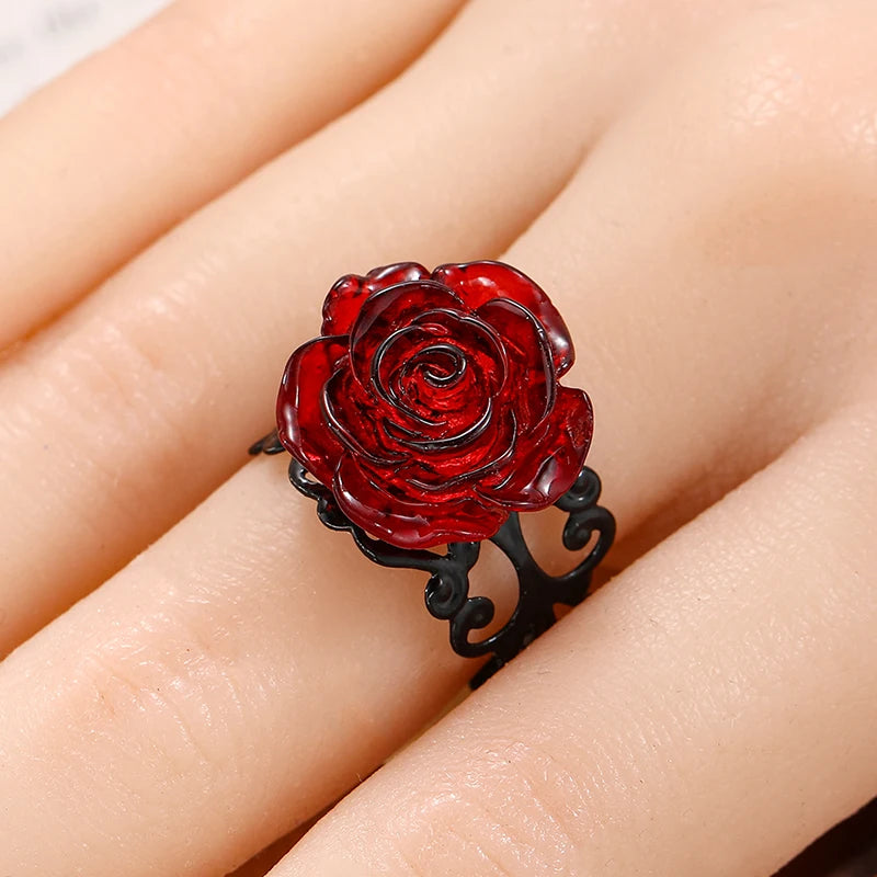 Punk Gothic Red Rose Adjustable Ring