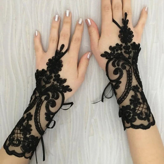 Gothic Feather Lace Long Fingerless Gloves