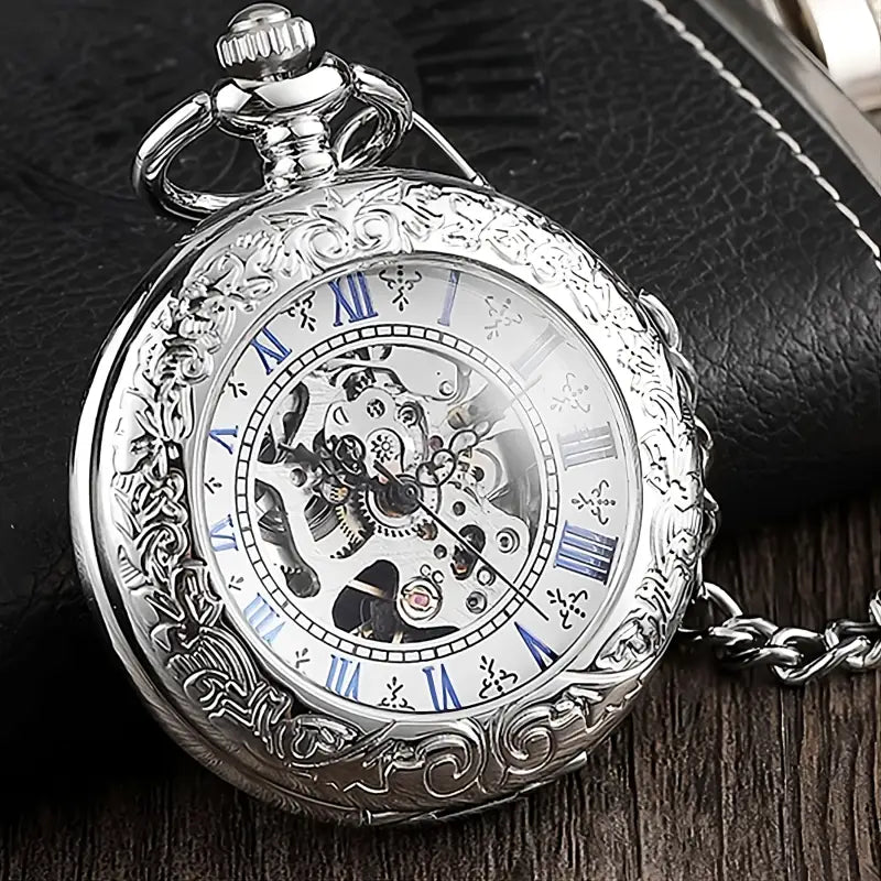 Mechanical wound stainless steel silver pocket watch